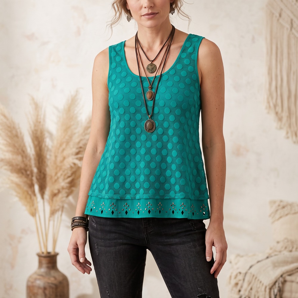 Style Co Teal Green Mesh Dot Studded Tank Top Y2K Whimsigoth Boho Lace Flowy M